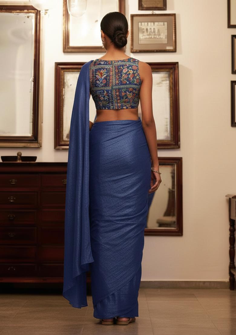 Navy Blue Figure Print Crepe Pre Draped Saree Set - Indya