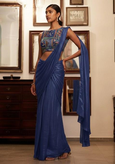 Navy Blue Figure Print Crepe Pre Draped Saree Set