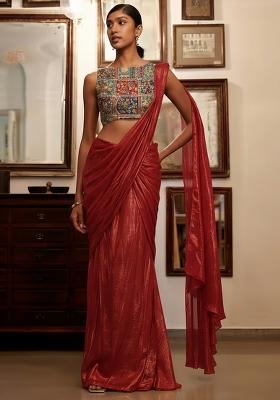 Red Figure Print Crepe Pre Draped Saree Set