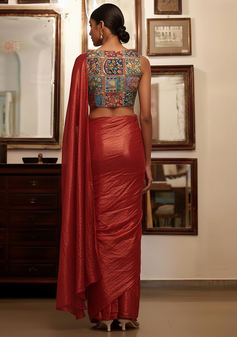 Red Figure Print Crepe Pre Draped Saree Set - Indya