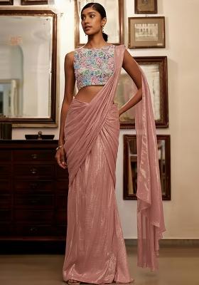 Pink Figure Print Crepe Pre Draped Saree Set