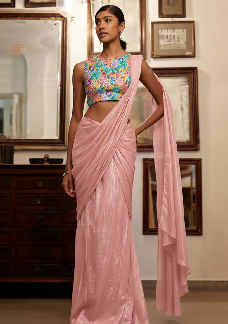Pink Figure Print Crepe Pre Draped Saree Set for Diwali | Wedding & Festive Wear - Indya