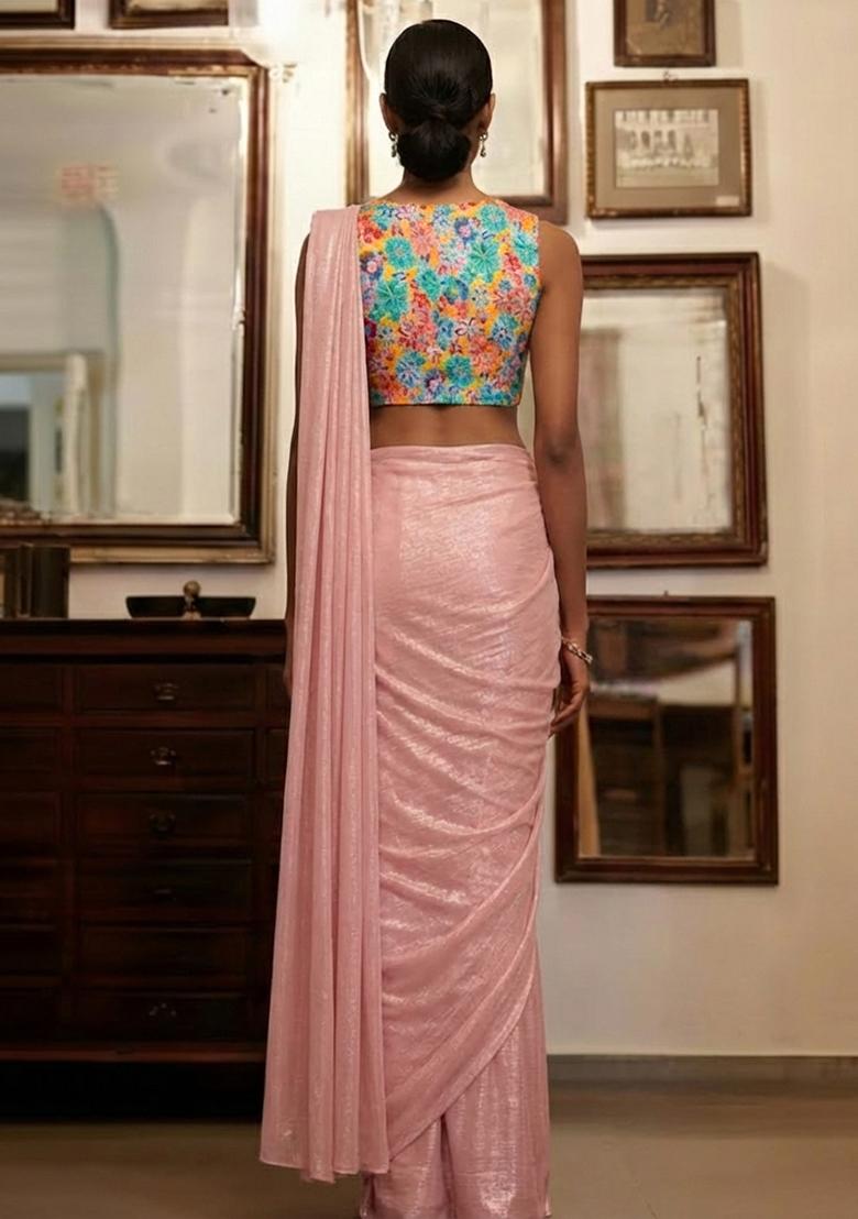 Pink Figure Print Crepe Pre Draped Saree Set - Indya