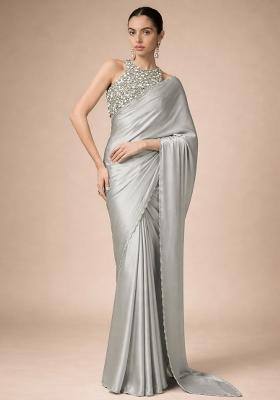 Grey Sequin Net Pre Draped Saree Set