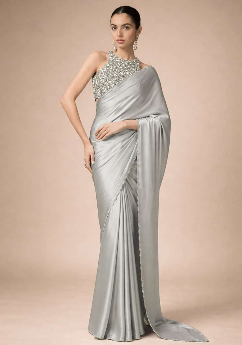 Grey Net Pre Draped Saree Set with Sequin for Diwali | Wedding & Festive Wear - Indya