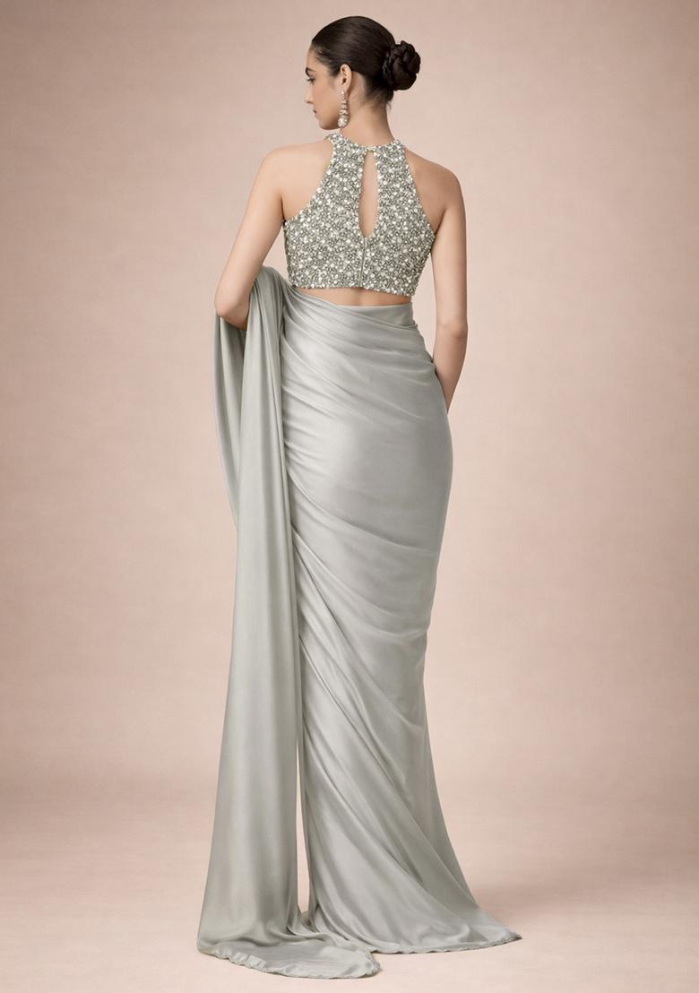 Grey Sequin Net Pre Draped Saree Set - Indya