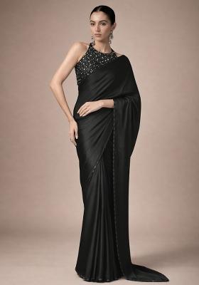 Black Sequin Net Pre Draped Saree Set