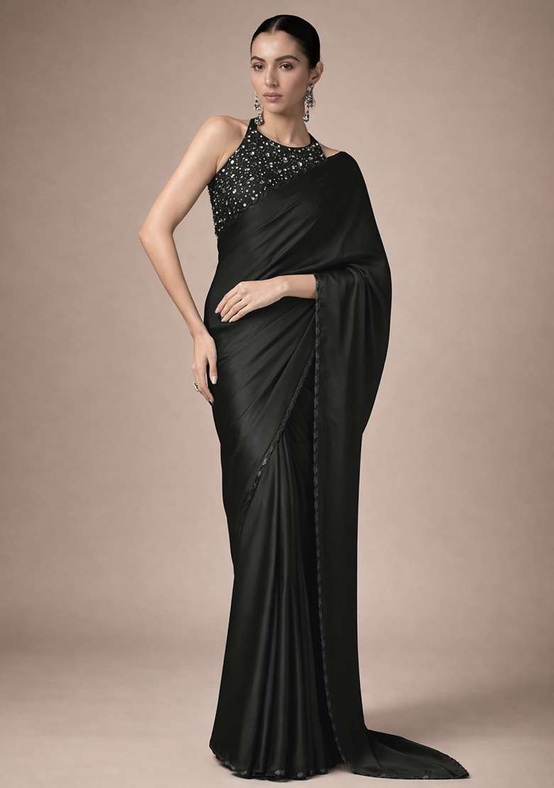 Black Sequin Net Pre Draped Saree Set for Diwali and Festive Wear - Indya