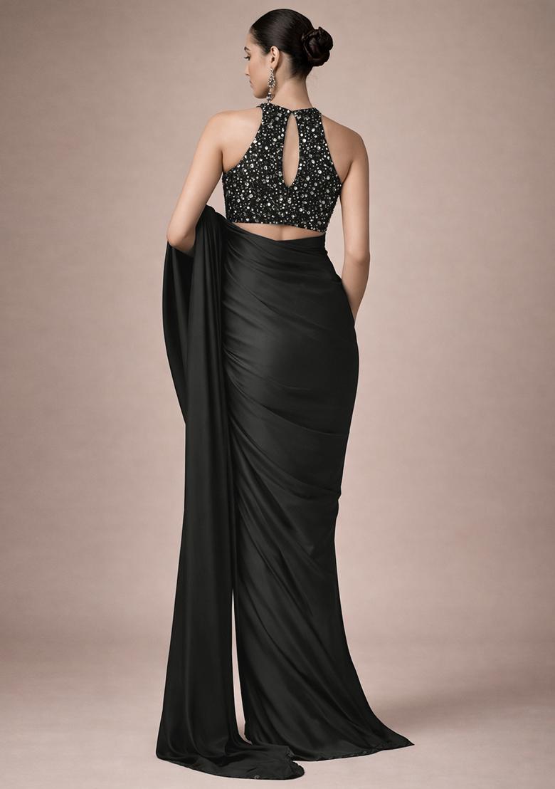 Black Sequin Net Pre Draped Saree Set - Indya