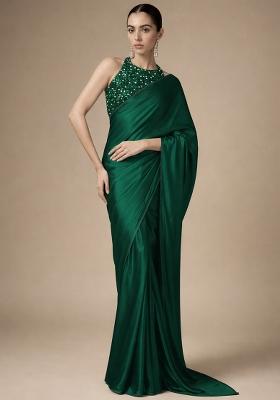 Teal Green Sequin Net Pre Draped Saree Set