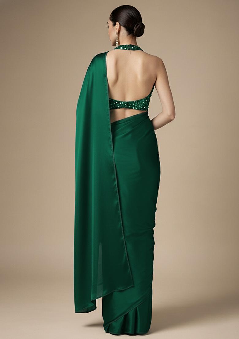 Teal Green Sequin Net Pre Draped Saree Set - Indya