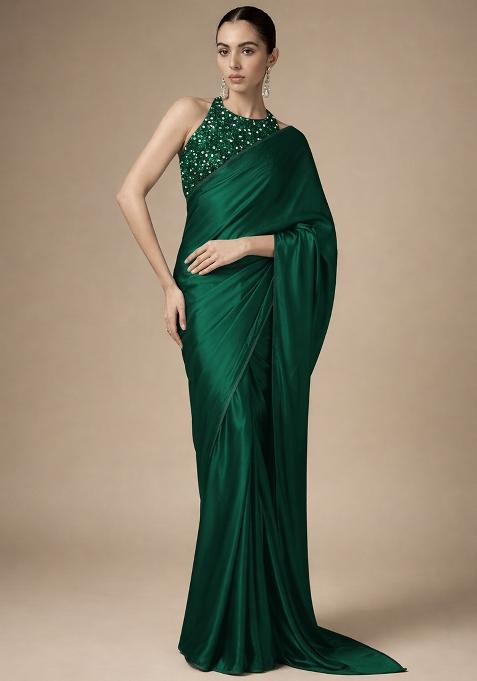 Teal Green Sequin Net Pre Draped Saree Set