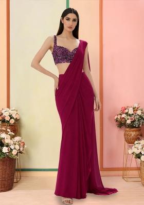 Wine Sequin Net Pre Draped Saree Set
