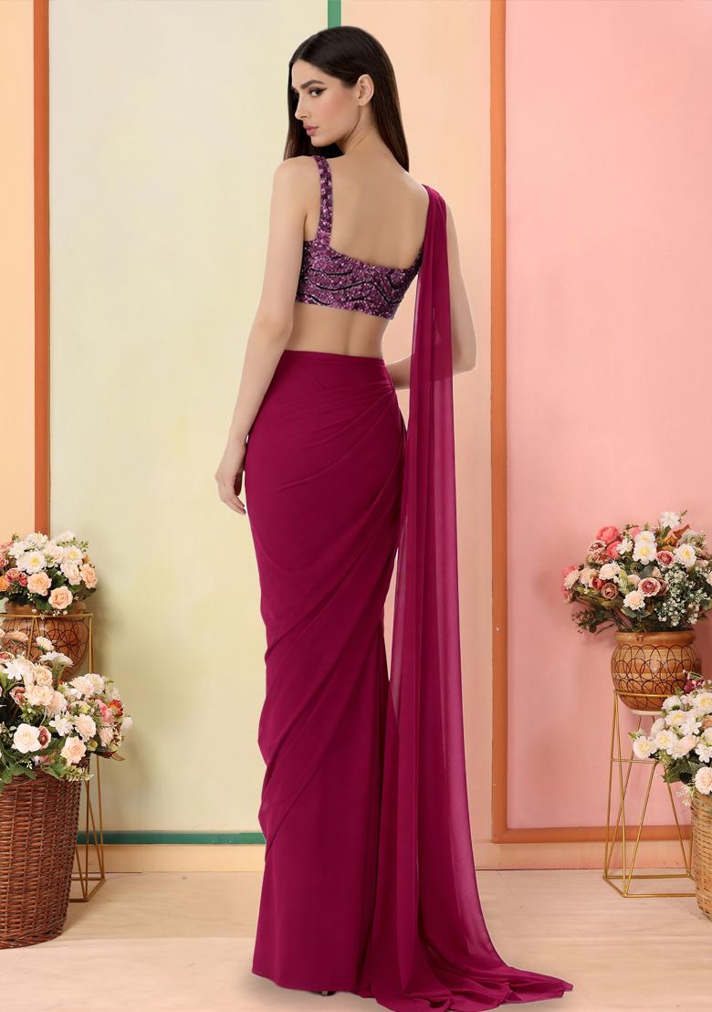 Wine Sequin Net Pre Draped Saree Set - Indya