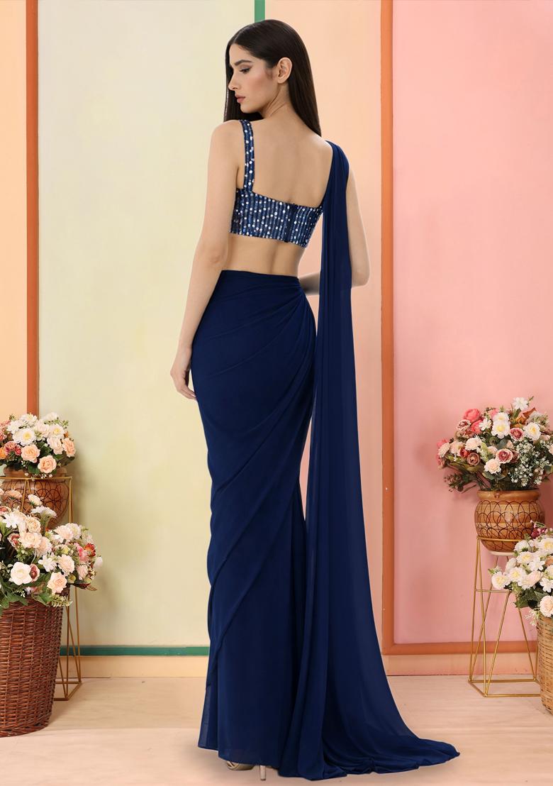Navy Blue Sequin Net Pre Draped Saree Set - Indya