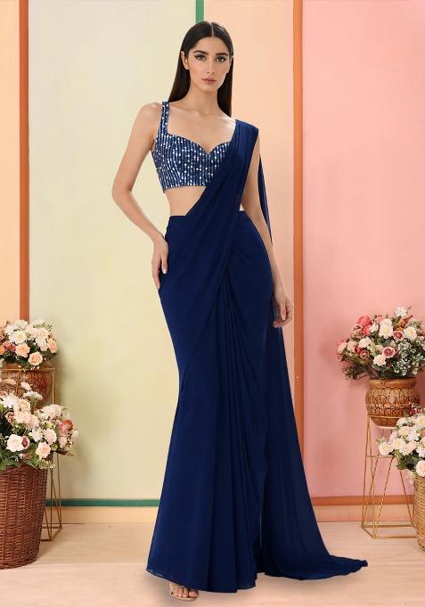Navy Blue Sequin Net Pre Draped Saree Set