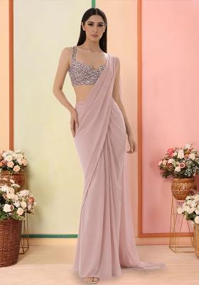 Pink Sequin Net Pre Draped Saree Set