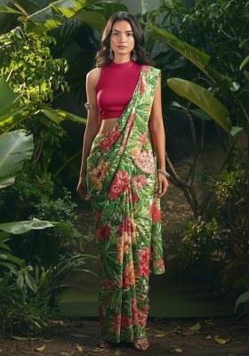 Green Floral Print Pre Draped Saree Set
