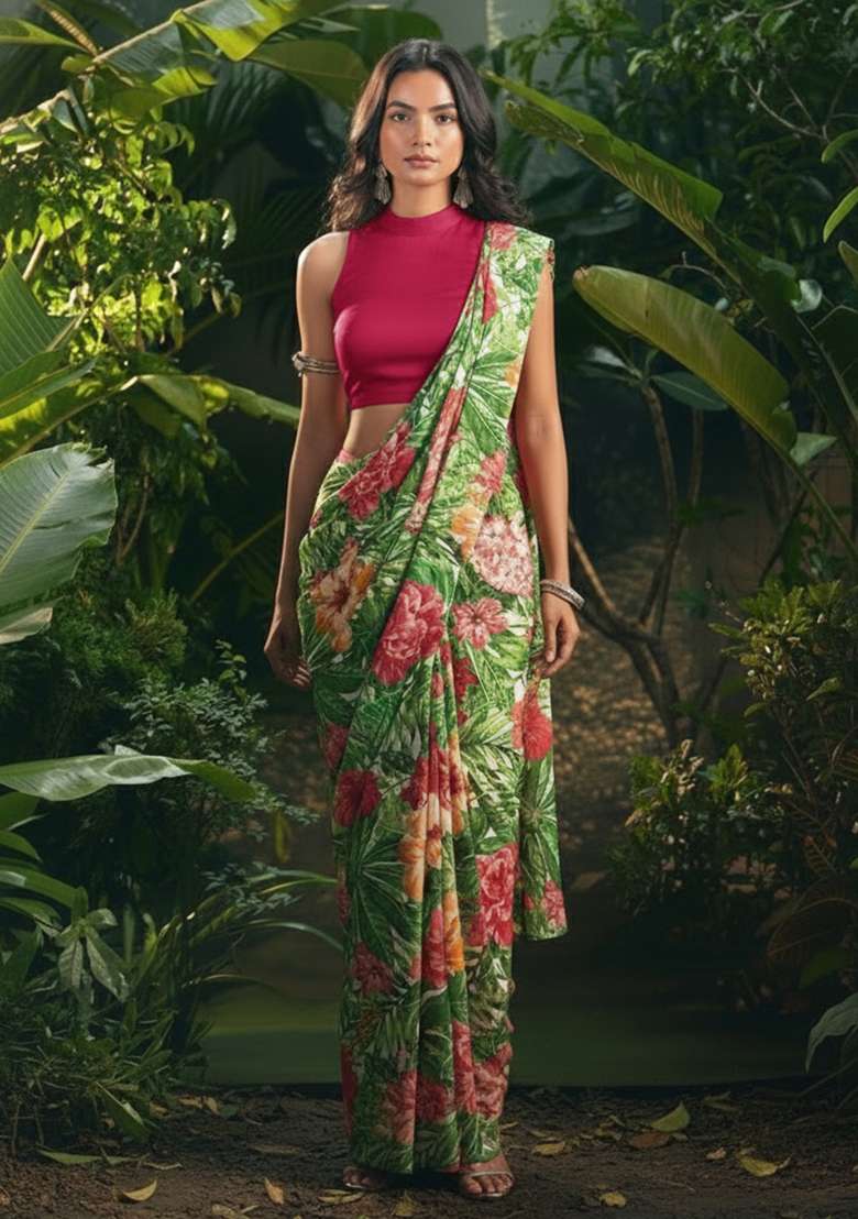 Green Pre Draped Saree Set with Floral Print for Diwali | Wedding & Festive Wear - Indya