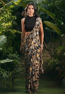 Black Floral Print Pre Draped Saree Set