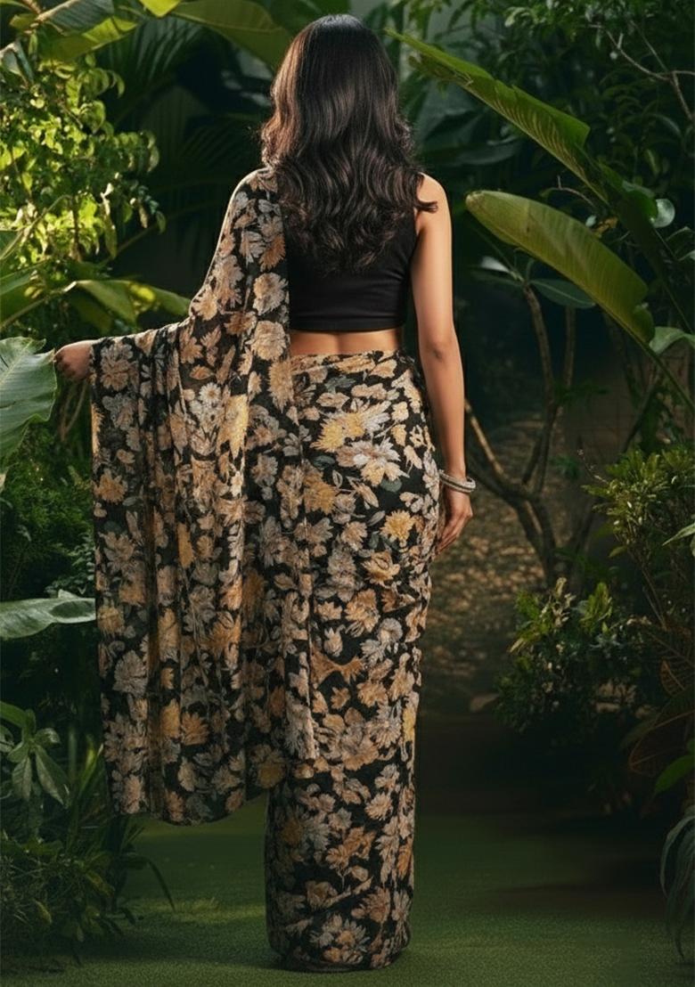 Black Floral Print Pre Draped Saree Set - Indya