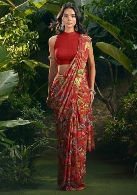 Red Floral Print Pre Draped Saree Set