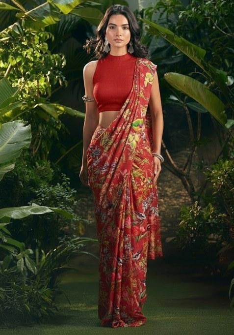 Red Floral Print Pre Draped Saree Set