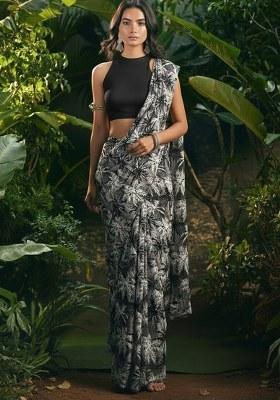 Black Floral Print Pre Draped Saree Set