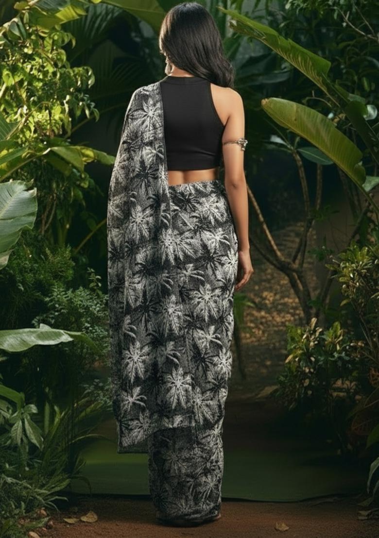 Black Floral Print Pre Draped Saree Set - Indya