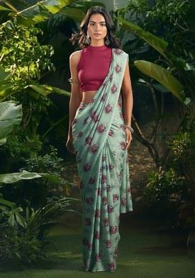 Blue Floral Print Pre Draped Saree Set