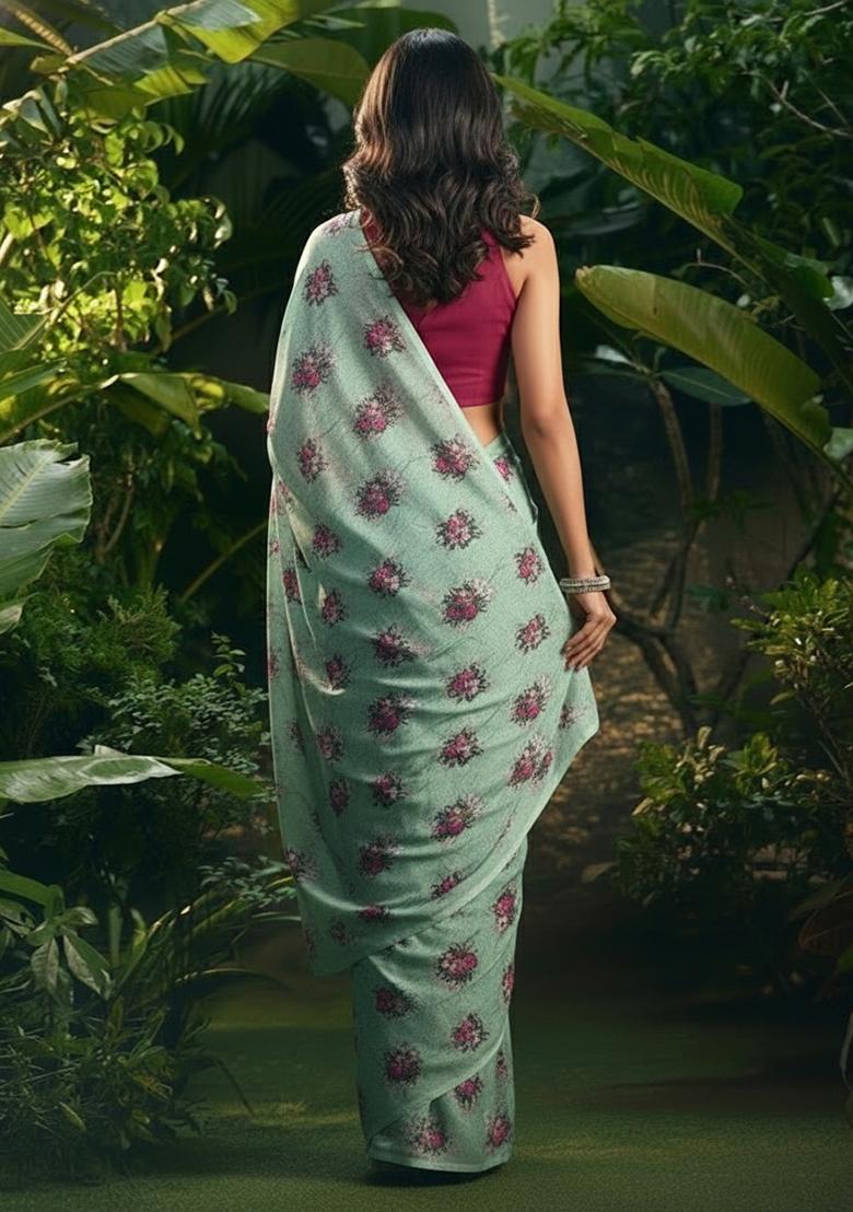 Blue Floral Print Pre Draped Saree Set - Indya