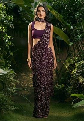 Purple Embroidered Silk Pre Draped Saree Set