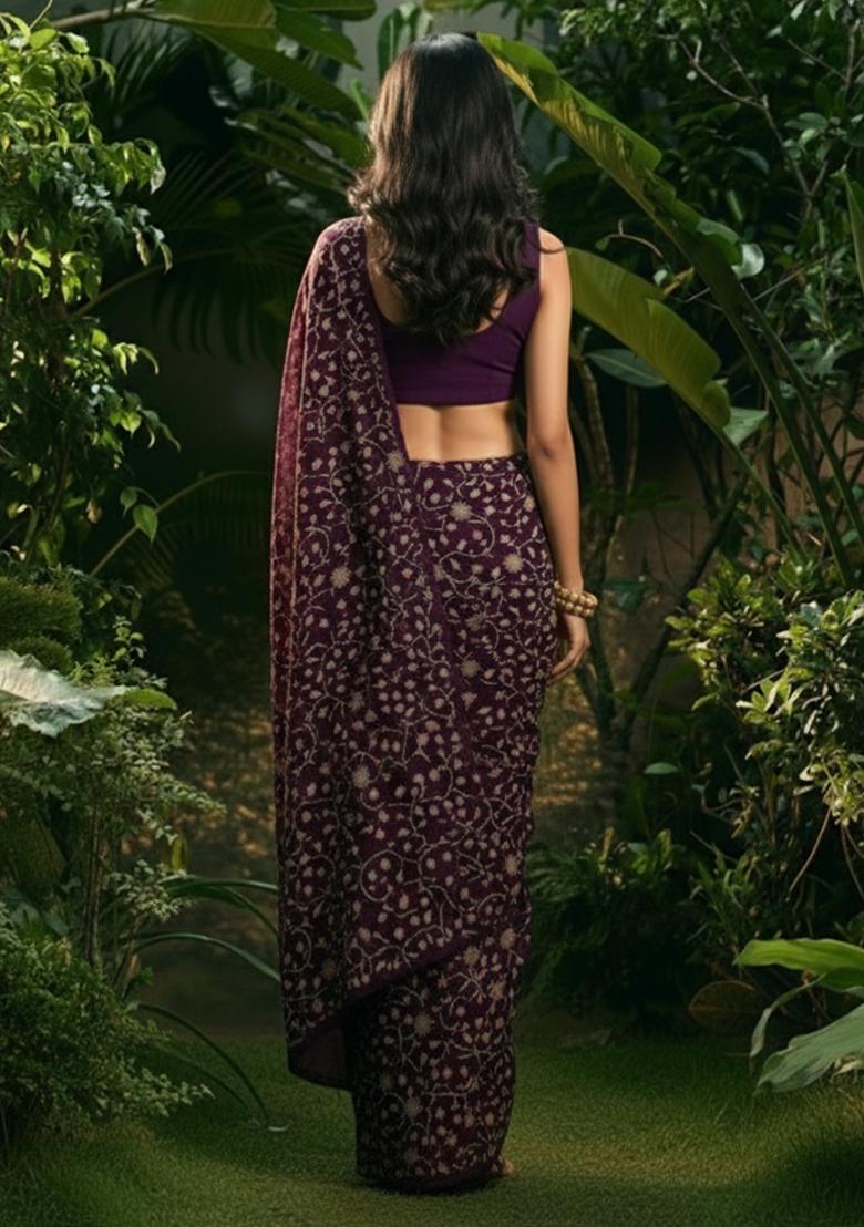 Purple Embroidered Silk Pre Draped Saree Set - Indya