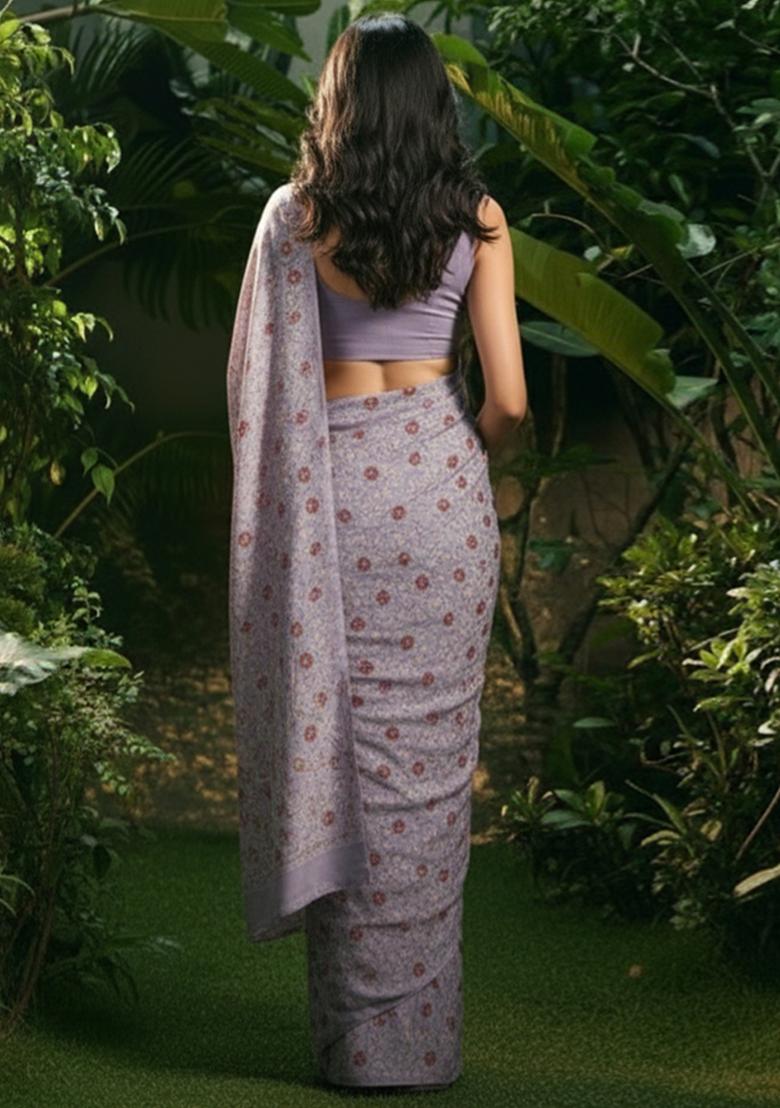 Purple Embroidered Silk Pre Draped Saree Set - Indya