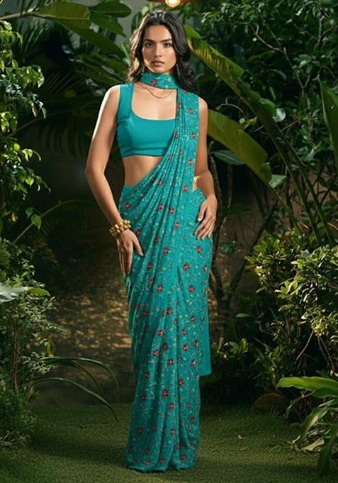 Blue Embroidered Silk Pre Draped Saree Set