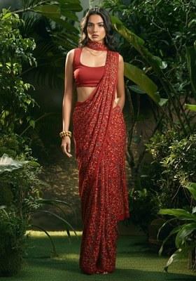 Red Embroidered Silk Pre Draped Saree Set