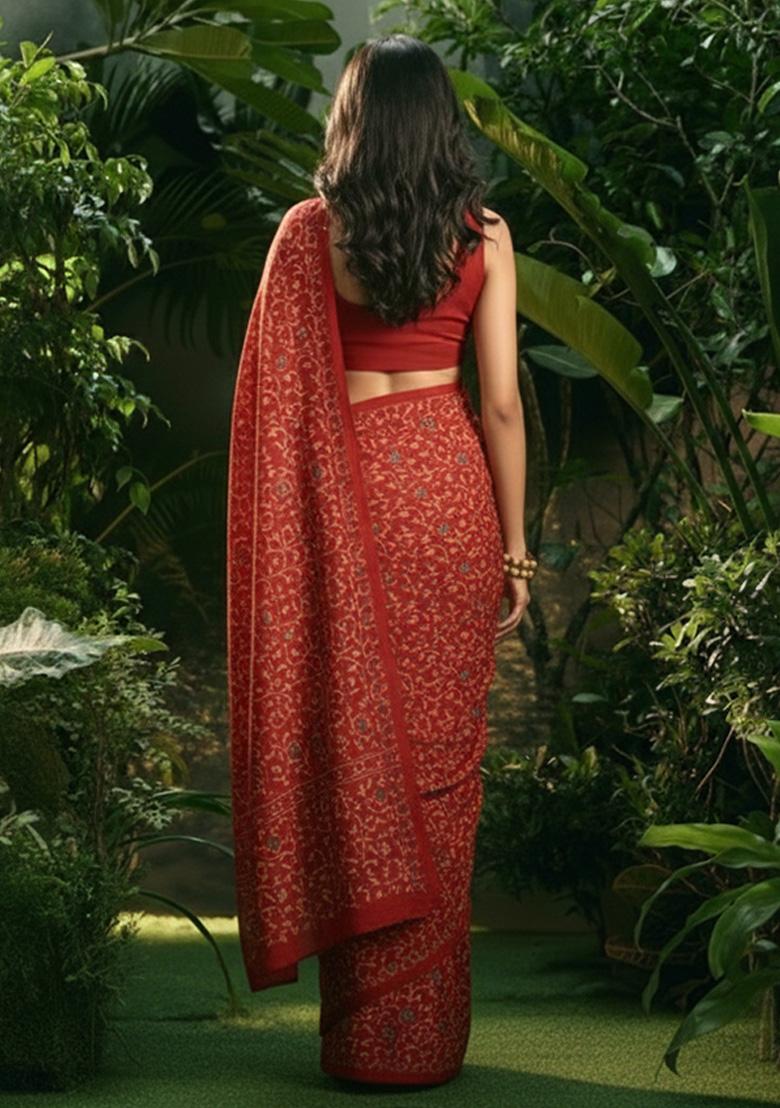 Red Embroidered Silk Pre Draped Saree Set - Indya