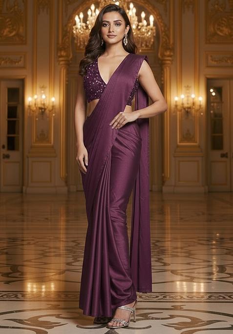 Deep Wine Solid Net Pre Draped Saree With Sequin Blouse