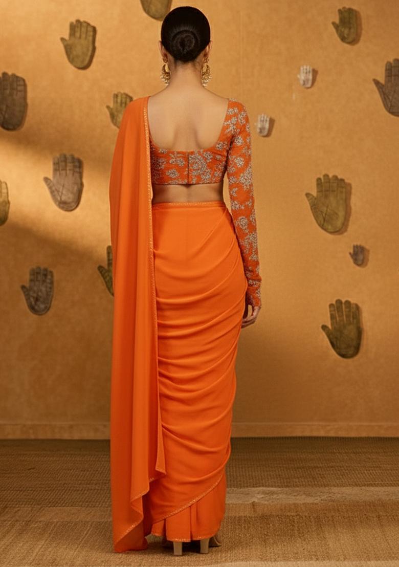 Orange Tissue Pre Draped Saree Set With Embroidered Blouse - Indya