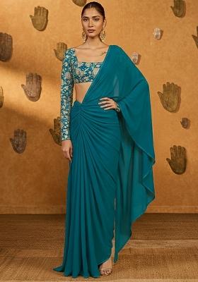 Teal Green Crepe Pre Draped Saree Set With Embroidered Blouse