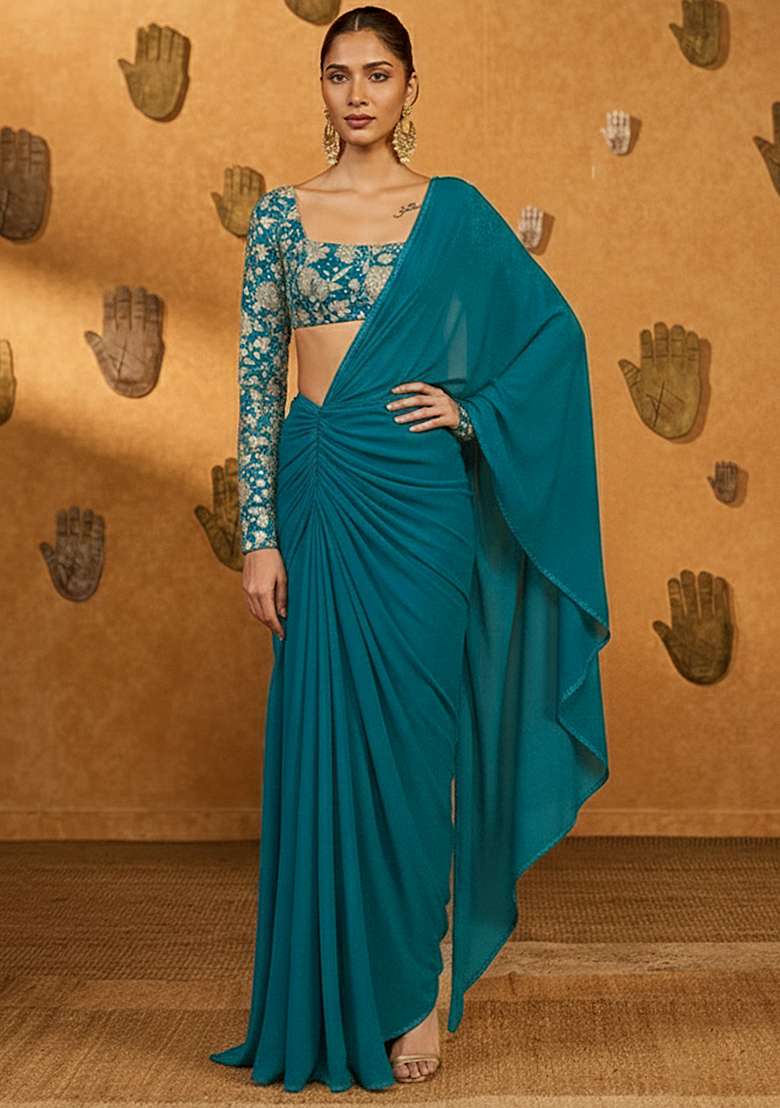 Teal Green Crepe Pre Draped Saree Set With Embroidered Blouse - Indya