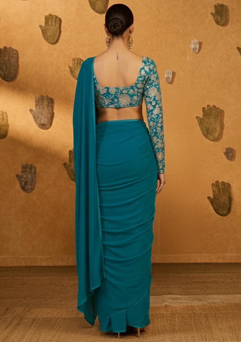 Teal Green Crepe Pre Draped Saree Set With Embroidered Blouse - Indya