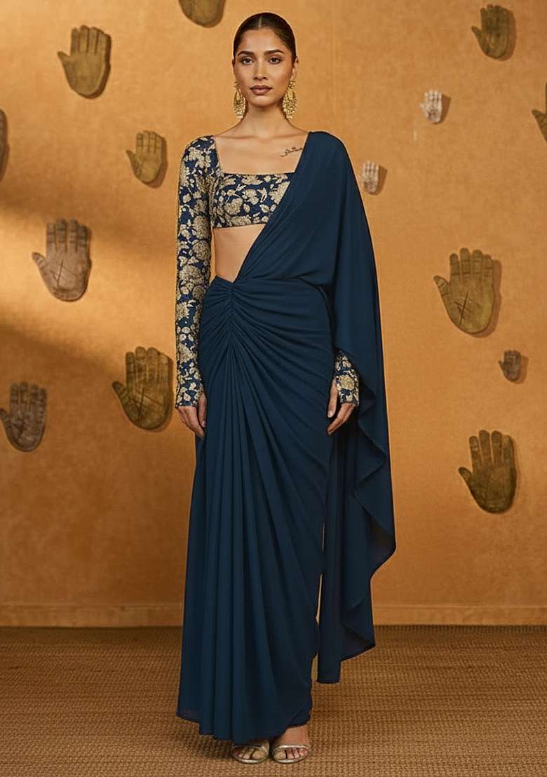 Deep Navy Blue Crepe Pre Draped Saree Set With Embroidered Blouse - Indya