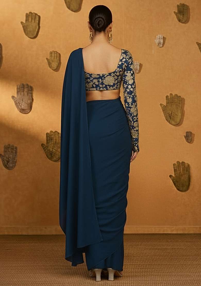 Deep Navy Blue Crepe Pre Draped Saree Set With Embroidered Blouse - Indya