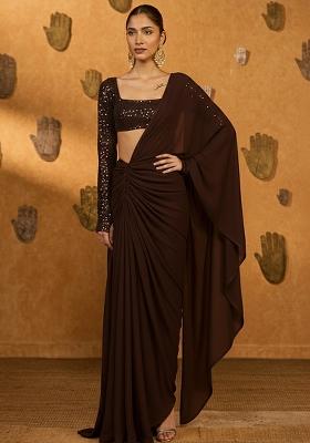 Coffee Brown Georgette Pre Draped Saree Set With Sequin Embellishment Blouse