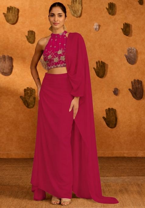 Magenta Crepe Pre Draped Saree Set With Embroidery Blouse