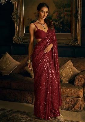 Rich Maroon Sequin Work Net Pre Draped Saree Set