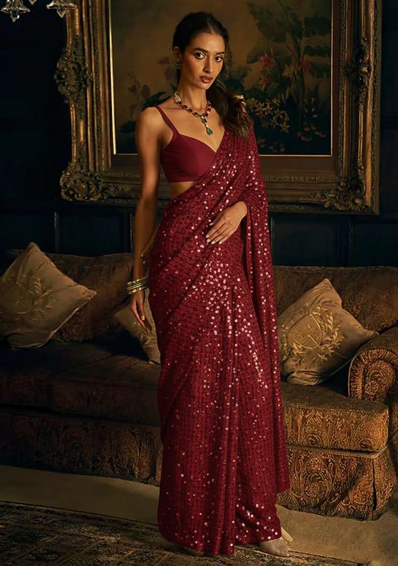 Rich Maroon Sequin Work Net Pre Draped Saree Set for Diwali and Festive Wear - Indya
