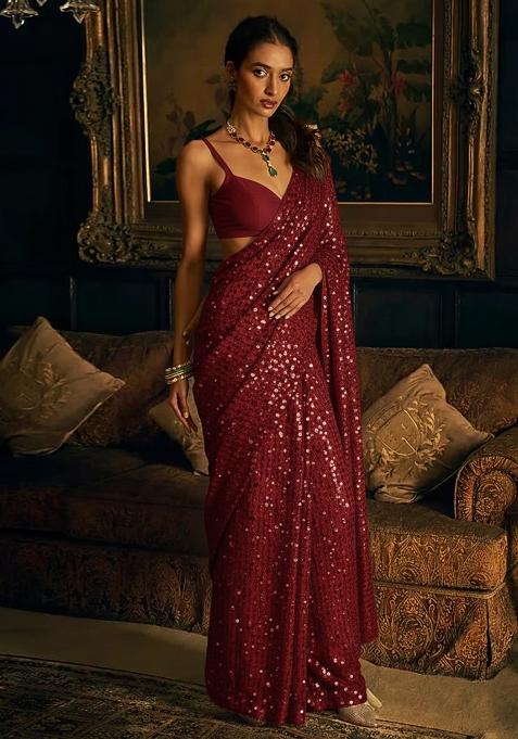 Rich Maroon Sequin Work Net Pre Draped Saree Set