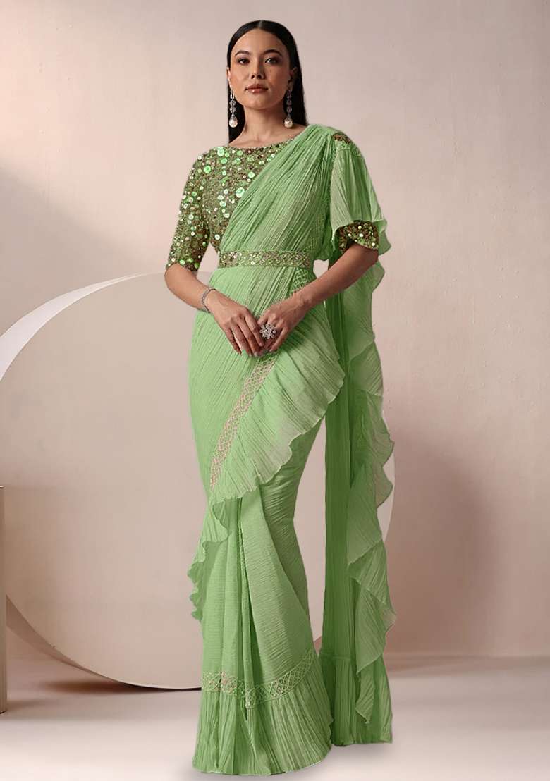 Mint Green With Blouse Net Saree with Embroidery & Sequin for Diwali | Wedding & Festive Wear - Indya